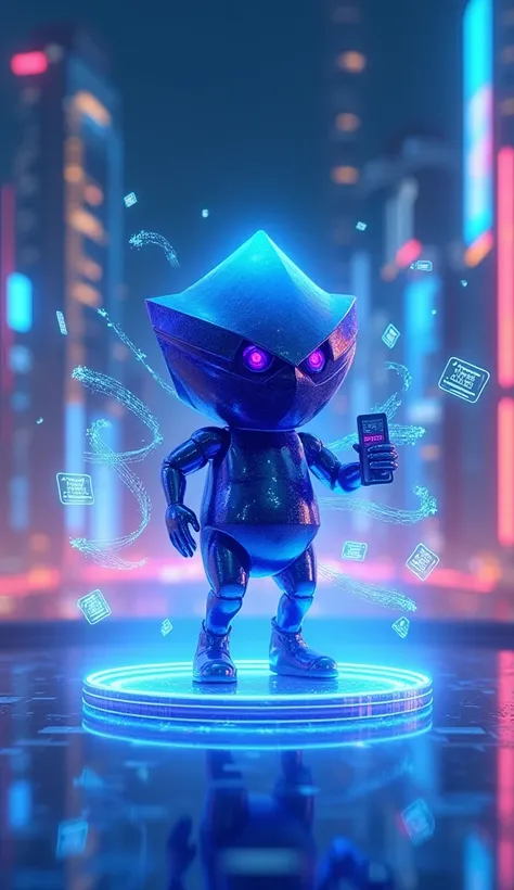 YYHB, A captivating 3D rendering of an energetic, indigo e-commerce character with a sleek, diamond-shaped design and shimmering, sapphire eyes, clutching a holographic shipping label in its left hand. The character stands on a sleek, acrylic platform, enc...