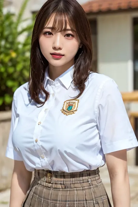 ( top quality, Masterpiece, super precision ,8k, RAW Photo, by Nomi, Hi-Res:1.2),( cute Japanese girl ),(super huge tits:1.4),( light brown hair),( school uniform, white collared shirt, pleated skirt:1.4),(Rich:1.4),( shoulder length),(  light smile)、( pop...