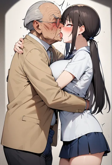 ( masterpiece , top quality:1.2),  1 girl and an elderly gentleman ,  two people hugging and kissing ,  expressive eyes , college den ,  straight hair,  dark haired twintails , ((( perfect face girl))), Big Breasts Female College Student ,  white blouse , ...