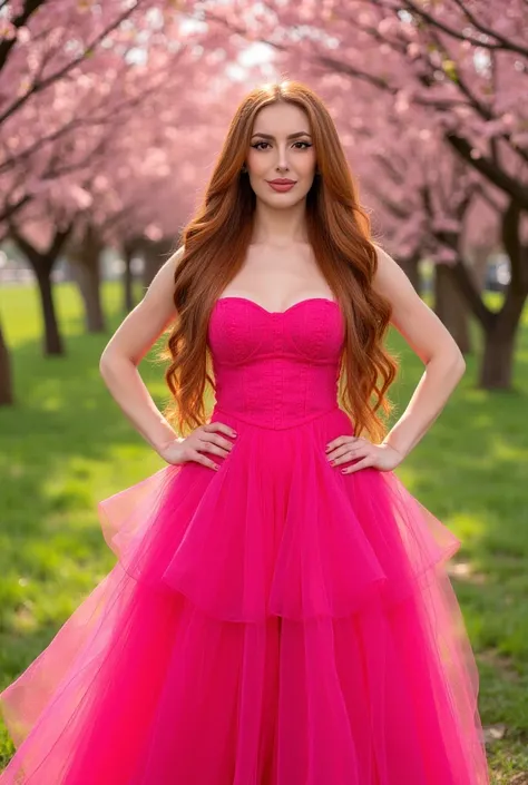 Young woman, long thick fiery red hair, soft wavy curls, 25 years old, European appearance. Posing confidently. The woman's facial expression is captivating, seductive, with a subtle smile and a slightly thoughtful look, exuding confidence and charm. Her b...