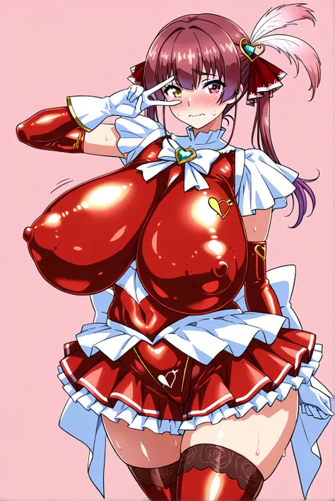 (Houshou-Marine,),((,milf,mature,)),(gigantic huge busty,big hips,glamorous,hair ornament,feather,covered nipples,),(embarrassed,blush,wavy mouth,),(,red latex,white latex,magical girl costume,tight-fitting,elbow gloves,long sleeves,frilled skirt,thigh hig...