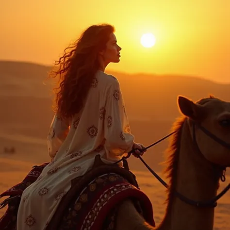 " 30-year-old woman ,  wavy red hair,  on a desert camel ride near Cairo , At sunset.  She wears a light kaftan with a traditional print and holds the camel's reins lightly,  with an expression of fascination with the surrounding desert landscape .  The su...