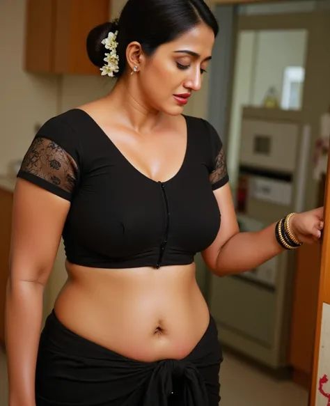 Dusky body, black  designer blouse, black see through saree, working in kitchen, sweat drops seen in her body, hair tied around, flowers in head, red lips, deep navel, sexy waist folds, nosering, Fit and curvy body, sleeveless blouse, costly room, bangles ...