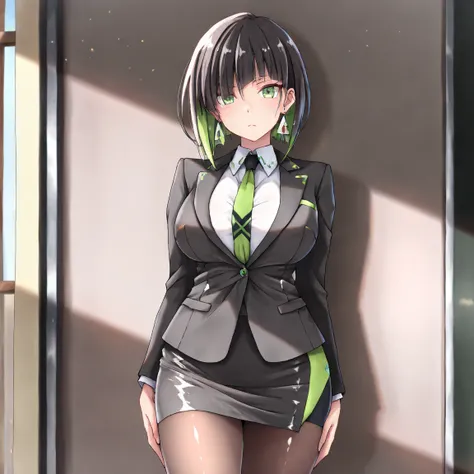 masterpiece, (((( best quality )))),,,shiny skin, wearing a black suit, black tie , tight skirt, black tights, dark hair, short bob hair,The inner color of the hair is green, green eyes,isosceles triangle earrings,,,large breasts,