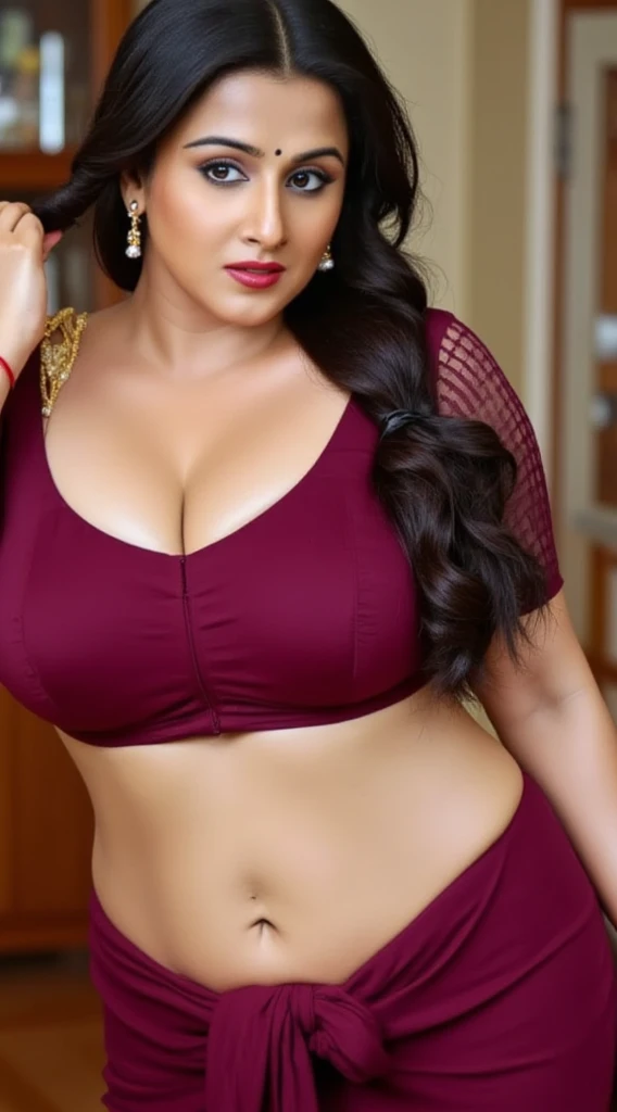 Busty woman, wearing darkwine net sleeveless bra and dark wine saree, exposing curvy midriff and navel,wearing thin gold waist chain,long black hair,combing her hair,black thick eyelashes and eyeliners,curvy and thick body, inside bedroom