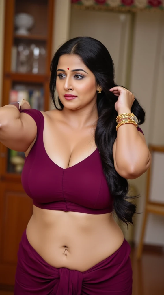 Busty woman, wearing darkwine net sleeveless bra and dark wine saree, exposing curvy midriff and navel,wearing thin gold waist chain,long black hair,combing her hair,black thick eyelashes and eyeliners,curvy and thick body, inside bedroom