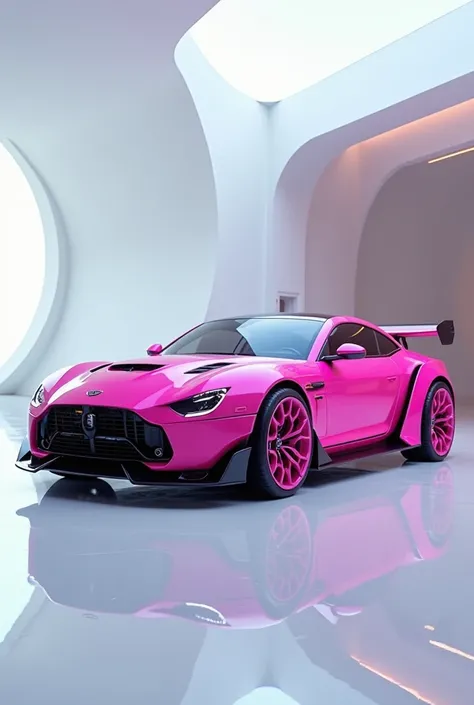 (A captivating image of a (2025 Mini Cooper) taking center stage in a luxurious white showroom. The futuristic, pink vibrant exterior gleams, showcasing its sleek, aerodynamic design and bold accents. The side view with car name on number plate 2025 Mini C...