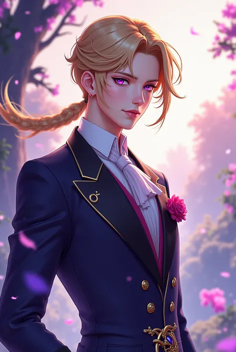 The guy is 18 years old, blond, Hair tied in a low ponytail,  purple eyes, thin, an aristocrat, стиль genshin impact