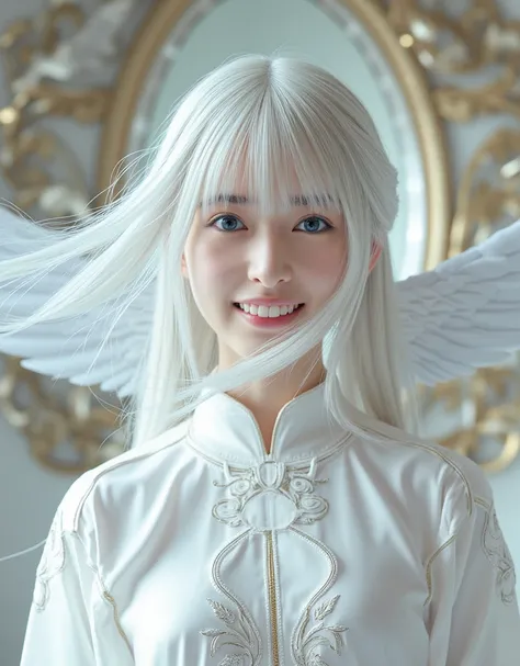 Create a Pure White Cyborg Angel, The gesture of the arrival of the angel, Suspended in mid-air, facing at camera, Complete body, in a panoramic view, With a charming smile, Trigger people's emotions, When you see her, top-quality, masterpiece, ultra-high ...