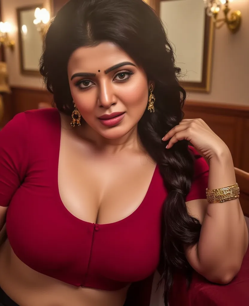 Masterpiece, cinematic quality,hq photography,of a busty woman,lying in red sofa,in red designer blouse and black transparent saree,curvy hips,oily body,erotic face,lusty blue eyes,deep clevage,golden nosering,earrings,mangalsutra in neck ,red bindi in for...