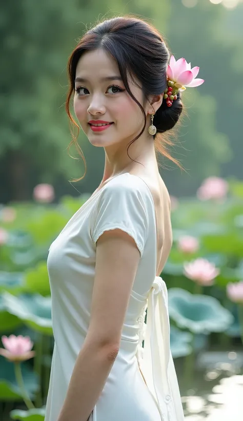 8K, HDR, ultra detailed, professional lighting, cinematic lighting, photorealistic, A delicate Vietnamese woman in a flowing white áo dài, standing beside a river filled with lotus flowers, her soft expression reflecting grace and charm.(Best masterpiece: ...