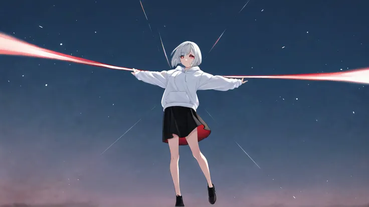 Action: Spreading both arms wide and soaring through the sky.

masterpiece, ultra high quality, full body shot,
Hair: Short bob with silver hair.
Eye Color: A mix between purple and red.
Impression: Cool and mysterious, with a hint of youthfulness.
Top: A ...