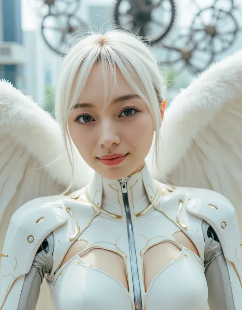 Create a Pure White Cyborg Angel, The gesture of the arrival of the angel, Suspended in mid-air, facing at camera, Complete body, in a panoramic view, With a charming smile, Trigger people's emotions, When you see her, top-quality, masterpiece, ultra-high ...