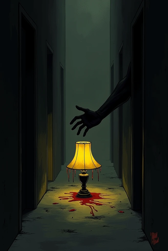  generates an illustration , aisle, Dark environment,  gray colors, black and yellow, a hand poking out ,  holding a small yellow cloth table lamp,  unplugged and dripping with blood 