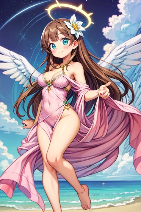 (masterpiece, best quality) cute anime angel girl, Brown long hair, delicate angel wings, barefoot, sexy smiling, sexy pose, coquette, beautiful long legs, mature girl, gorgeous body, pronounced breasts, in the beach sea, intricate details and sunlight, et...