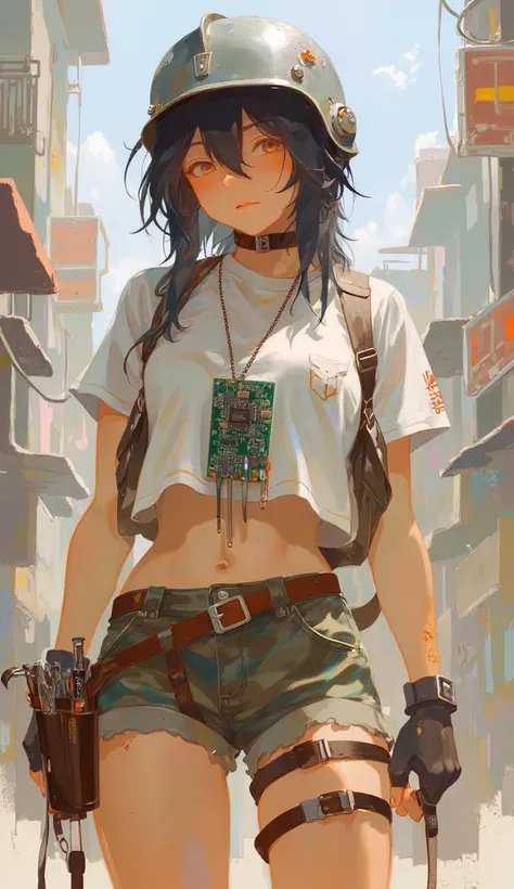 GYCH,The Chinese-style girl wore a pair of ripped camouflage shorts and a simple white T-shirt, with an old circuit board tied to her chest as a pendant. The skin is exposed to sunlight and carries light mechanical oils and dust. Wearing a steel helmet wit...