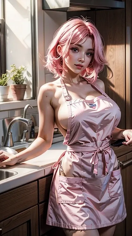 perfect face, cute girl, big breasts, pink hair, wearing only apron, naked,  kitchen