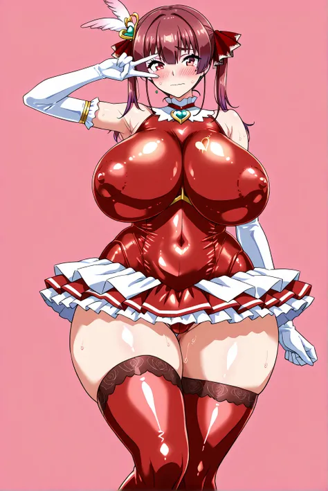 (Houshou-Marine,),((,milf,mature,)),(gigantic huge busty,big hips,glamorous,hair ornament,feather,covered nipples,),(embarrassed,blush,wavy mouth,),(,red latex,white latex,magical girl costume,tight-fitting,elbow gloves,long sleeves,frilled skirt,thigh hig...