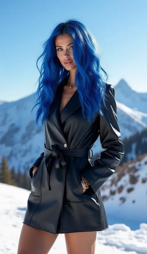 "Une influenceuse aux longs cheveux bouclés bleu-cobalt, portant une mini-robe en cuir noir qui moule ses formes voluptueuses. Elle pose devant une montagne enneigée, avec un ciel bleu clair en arrière-plan. Style épuré et contrasté, mettant en valeur les ...