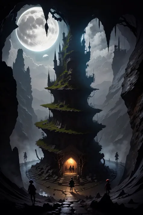  a small group of anime-style little character fairies wearing goggles and hats, The Other Side of the Cave is a Mysterious Kingdom , (The underground kingdom),dark, scary, spooky place, underground labyrinth, Night cityscape from the top of a cave , Choke...