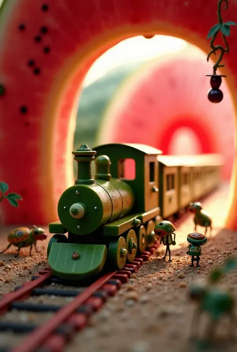 Watermelon Train Station – The Juicy Express Departure!
"Inside a gigantic hollowed-out watermelon, tiny toy-like station workers and adorable train-riding grasshoppers prepare for departure at the Juicy Express Station! The train, made from cucumber slice...