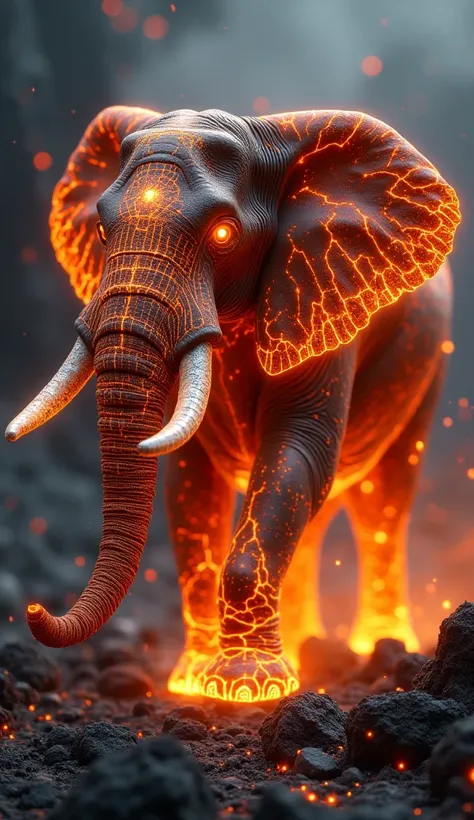 Hyper-realistic, 8K. The elephant is transformed into a mesmerizing figure of molten beauty, its form glowing with incandescent energy and etched with fiery crackles that pulsate with heat. Scene details: The elephant's body is carved from glowing lava, it...