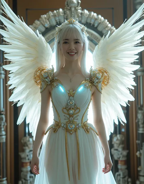 Create a Pure White Cyborg Angel, The gesture of the arrival of the angel, Suspended in mid-air, facing at camera, Complete body, in a panoramic view, With a charming smile, Trigger people's emotions, When you see her, top-quality, masterpiece, ultra-high ...