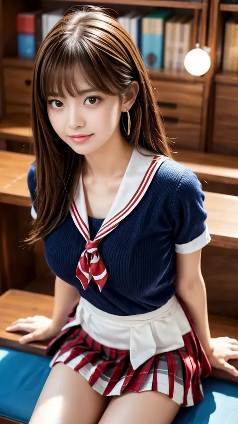 Product quality,    laugh while sitting  ,(6.),  Mr.々 design where you can be hugged,((  thighs強調)),(    young and beautiful Japanese woman  ),(Library Background),with chest and knees  ,smile,(( High school girl sailor uniform )),   red tie   ,  shirt,  b...