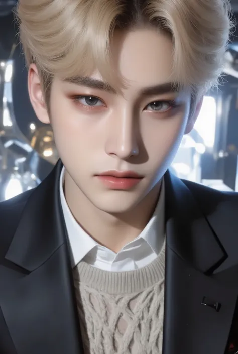 Boy, blonde hair, blue eyes, serious cold sharp features, light white skin, shiny pink lips, handsome, perfect, wearing a sweater, formal jacket, high resolution, clear colors .