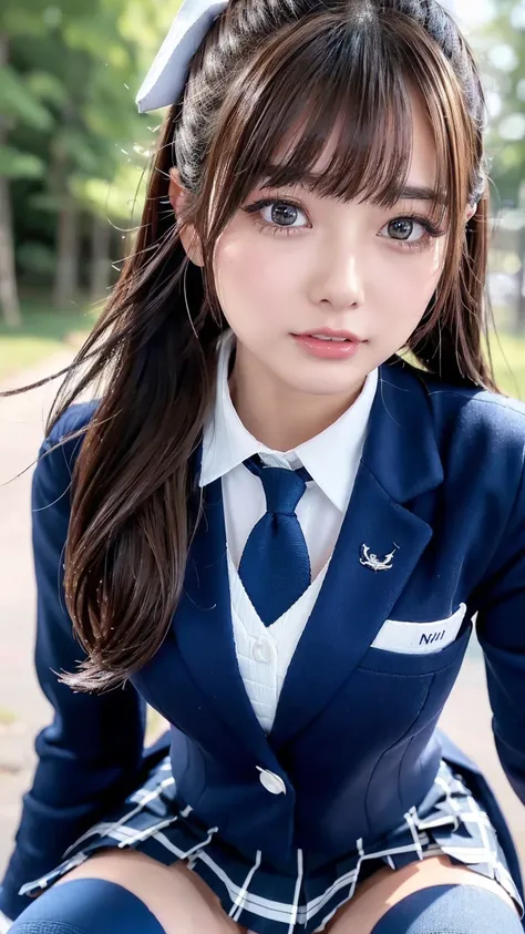 (( Masterpiece,  top quality,  Hi-Res,  super high heels)),  Japanese High School Girls,( by Nomi:1.5)、great face、 Closed Mouth、 sharp mouth、Glossy Lips 、 twin tail,( beautiful brown hair:1.5)、 high school uniform,( navy blue blazer, tie, dress shirt, plai...