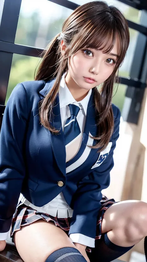 (( Masterpiece,  top quality,  Hi-Res,  super high heels)),  Japanese High School Girls,( by Nomi:1.5)、great face、 Closed Mouth、 sharp mouth、Glossy Lips 、 twin tail,( beautiful brown hair:1.5)、 high school uniform,( navy blue blazer, tie, dress shirt, plai...