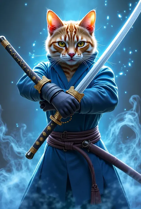 A cat with swords and a swordsman's suit with blue rays and smoke at his feet 