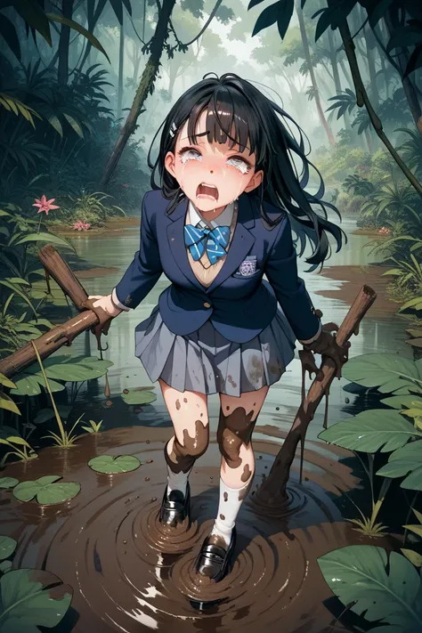  high school girl, blazer covered in mud,Skirt covered in mud, white socks covered in mud,black loafers covered in mud, long black hair, crying face, Jungle,Swamp,I'm going to be covered with vomit,Defecate while standing,