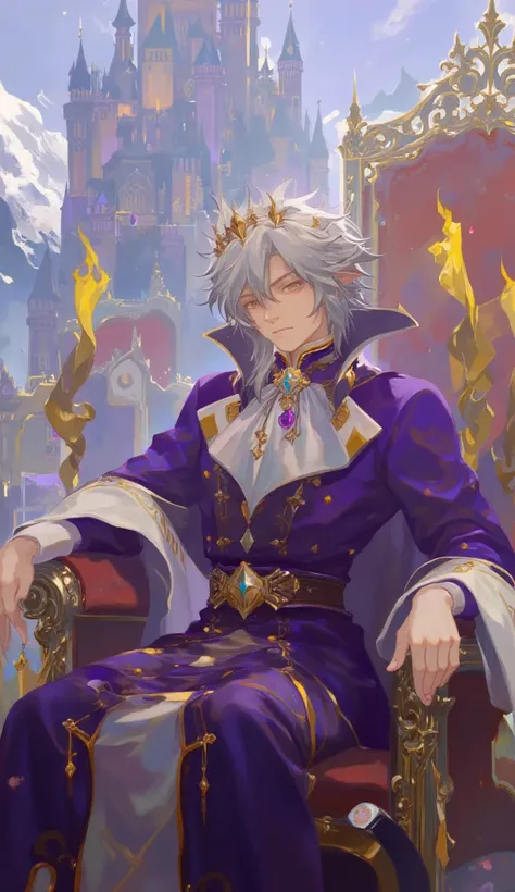 GYCH, a noble, regal figure, with silvery gray hair and deep amethyst eyes, dressed in a royal purple and gold robe adorned with jewels. The figure sits upon a throne, with a backdrop of grand castles and towering mountains.
