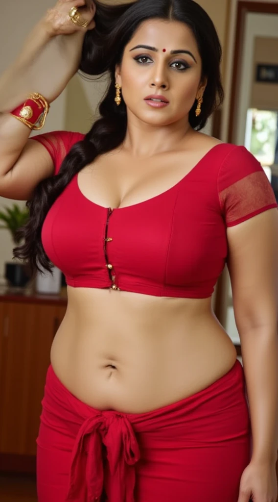 Busty woman, wearing red net sleeveless bra and red saree, exposing curvy midriff and navel,wearing thin gold waist chain,long black hair,combing her hair,black thick eyelashes and eyeliners,curvy and thick body, inside bedroom 