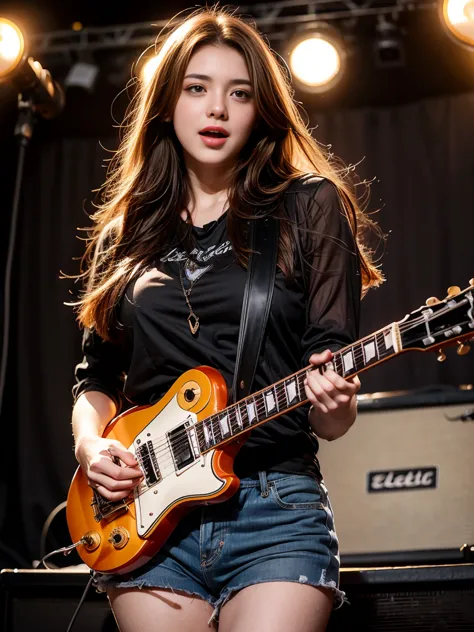 (1girl, solo, (20years old ):1.0), motorhead, lemmy kilmister, heavy metal musician, best detail, best proportion, best anatomy, best face, best shaped breasts, very big breasts, big ass, (tall girl), (black long hair), ((female musician with Les Paul elec...