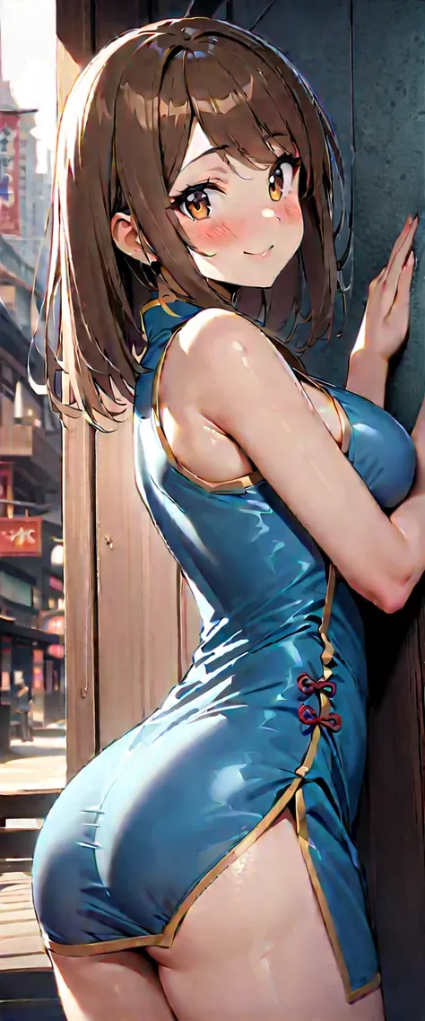 1 japanese girl,18-year-old,city,(((Silk cheongsam))),, smile,((long brown hair)),blush,big breasts,((turn around and look back)),Reflecting the buttocks