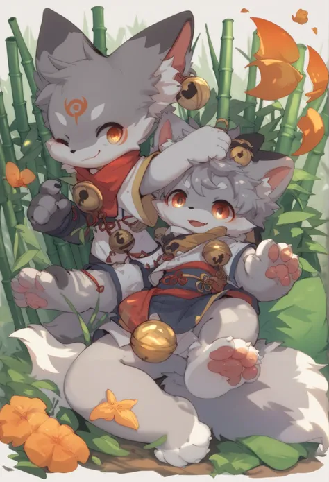   Fox Boy  ，gray haired furry boy， Toddler，Hanfu， bamboo lanterns 