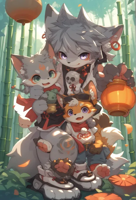   Fox Boy  ，gray haired furry boy， Toddler，Hanfu， bamboo lanterns 