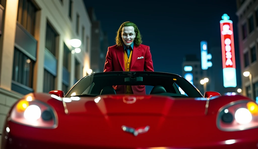 Realistic, ultra detail, movie vibe, 8K. A Joker with thick white and red makeup, long hair, wearing a red suit, is standing behind a red 2009 Corvette Stingray. The location is at the corner of a building in a city at night.