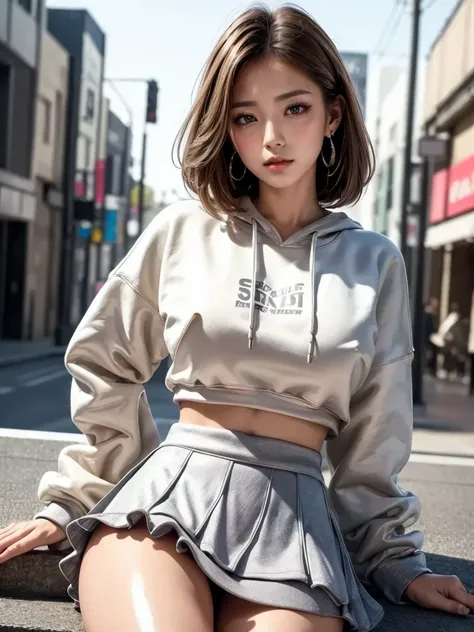 masterpiece, 8K, Award-winning photo, photoRealistic, Realistic, Very detailed, Ultra-high resolution, Ray Trakun, ///one person, night, Blurred streetscape of Korea, The most beautiful, 20-year-old, (sweatshirt:1.5), (sexy, Japanese idols), (blown layered...