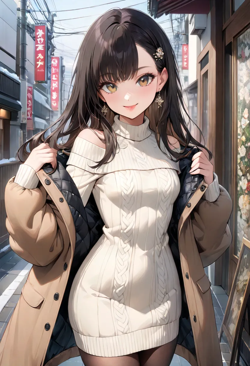  Table Top, top quality,  Masterpiece,  very detailed,  Hi-Res,  8k wallpaper,  perfect dynamic composition,  20 year old girl, , beautiful eyes with attention to detail,  beautiful long straight hair , トレンディなwinter fashion , Tiny Breasts ,  natural colore...