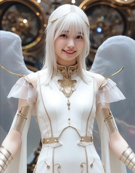 Create a Pure White Cyborg Angel, The gesture of the arrival of the angel, Suspended in mid-air, facing at camera, Complete body, in a panoramic view, With a charming smile, Trigger people's emotions, When you see her, top-quality, masterpiece, ultra-high ...