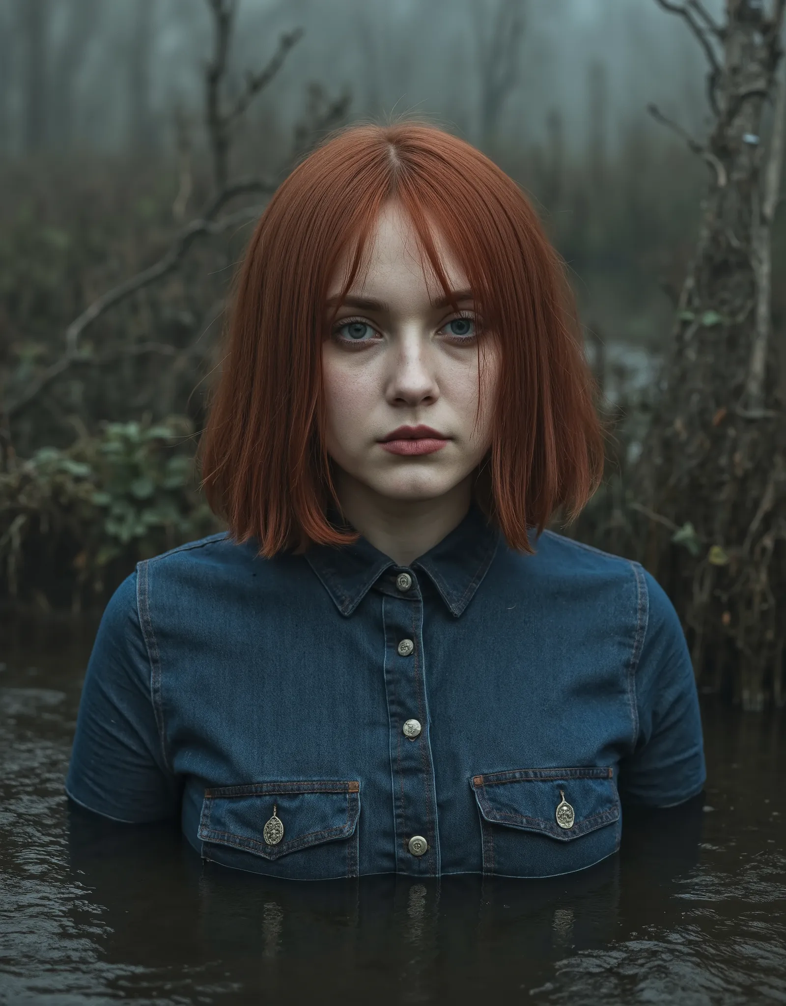 A pale skin texture, fragile thin diva with copper bob-cut, dressed in fitted mud covered washed indigo denim shirt. natural skin texture. Her melancholic expression betrays quiet surrender as she sinks into a dark, churning bog pit, its thick sludge cling...