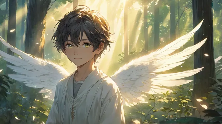 An anime-style illustration inspired by the song lyrics. The scene is set in a mystical forest at dawn, where a young boy with short, tousled hair and a gentle expression reaches out toward a glowing white feather floating in the air. His eyes reflect long...