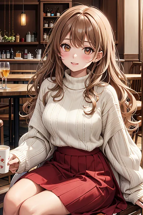 Best Quality, Super fine, 16k,  Extremely Absurd ,  Extremely detailed, 2.5D,  Delicate and dynamic depiction , 1 Beautiful girl,  Adorable and lewd look  , Light brown messy wavy hair,  She is wearing a red loose summer knit sweater and a long skirt...,  ...