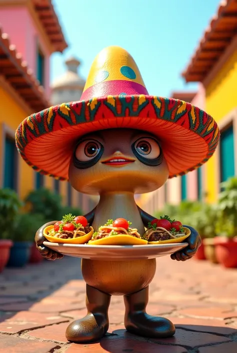 Create a photo of a mushroom in a Mexican sombrero And tacos in hand