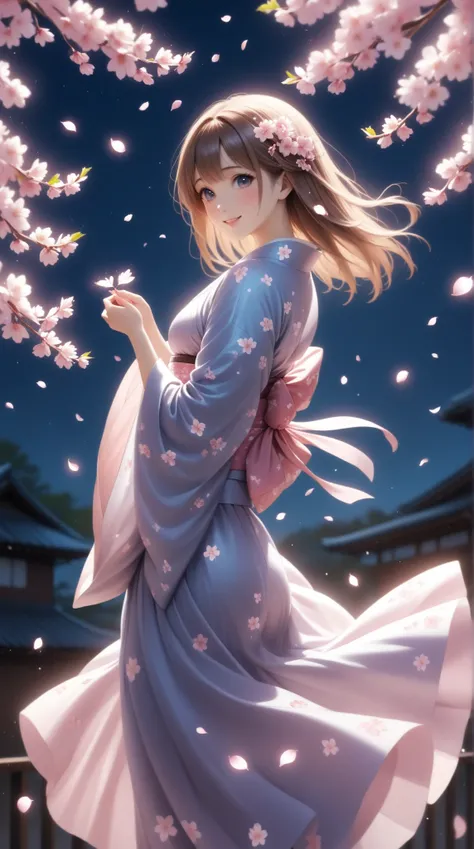 One young beautiful woman、 Seductive Smile、 supple and curvy proportions、 holding a dance fan in her right hand 、Performing Japanese dance。
 cherry blossom pattern scattered all over、 shiny light purple pure silk kimono、Flower Hairpin、Sandals。
 lots of che...