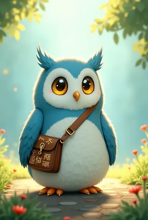 Ghibli anime style cute owl character with tell, big belly, light blue color, yellow eye, wear crossbody bag and add details.