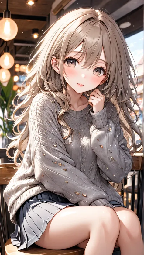 best quality, super fine, 16k, incredibly absurdres, extremely detailed, 2.5D, delicate and dynamic depiction, 1 beautiful girl,18 years old, amorous and lewd expression, light brown messy wavy hair, make-up, wearing loose fitting gray summer knit sweater ...